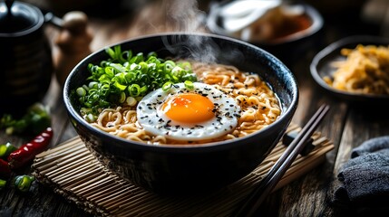 Intricately Crafted Traditional Japanese Ramen Scene with Rich Broth, Poached Egg and Garnished Ambiance