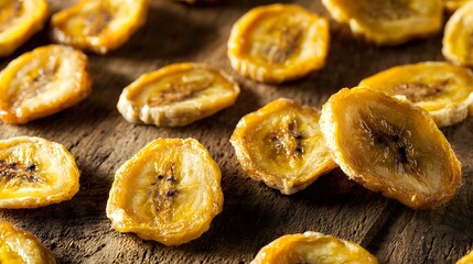 Detailed Illustration of Sun-Dried Banana Slices Highlighting Their Preserved Texture and Natural Color for Long-term Storage in a Rustic Setting