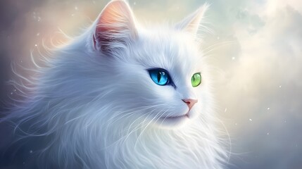 Artistic Illustration of a Stunning Heterochromia Cat with Captivating Blue and Green Eyes Set Against a Dreamy, Soft-Focused Background Showcasing Rare Feline Beauty