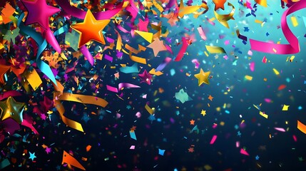 Intricately Detailed Festival Decoration Concept Showcasing Colorful Streamers, Star Confetti and Innovative Party Cards in a Lively Celebration Setting