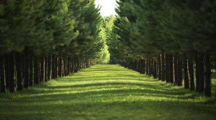 Striking View of a Perfectly Aligned Row of Slender Pine Trees Exhibiting Elegant Vertical Growth from Light Competition