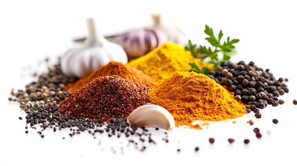 Lively and Dynamic Composition Featuring Assorted Colorful Culinary Spices with an Emphasis on a Highlighted Garlic Bulb on a Bright White Backdrop