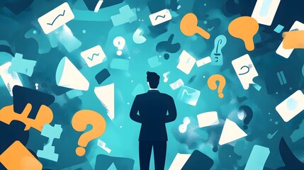 Intricate flat vector design portraying a professional interpreting inquiry symbols and overcoming doubt to advance successful business decisions