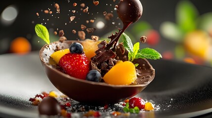 Stunning Contemporary Food Art Showcasing a Sleek Chocolate Ensemble with Luscious Fruits and Sumptuous Sweets for Gourmet Dipping