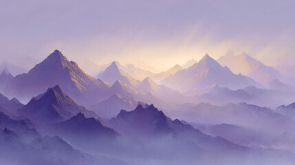 Obraz premium A digital painting of a misty mountain range at dawn