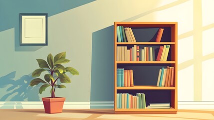 Stylish Bookshelf Design with Adjustable Shelves and Natural Wooden Frame in a Deep Espresso Finish Cartoon Vector Art Style
