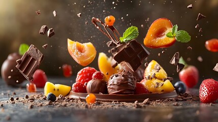 Stunning Contemporary Food Art Showcasing a Sleek Chocolate Ensemble with Luscious Fruits and Sumptuous Sweets for Gourmet Dipping