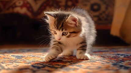 Detailed Illustration of an Adorable Domestic Kitten with Fluffy Paws on a Vibrant Carpet Banner for a Modern Website