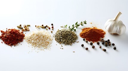 Intricately Detailed Exquisite Culinary Display Showcasing Robust Spices and Fresh Garlic Arranged on a Pristine White Canvas