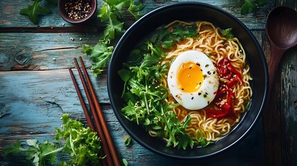 Artistic Japanese Ramen Imagery Showcasing Flavorful Broth, Poached Egg and Decorative Greens on a Rustic Table
