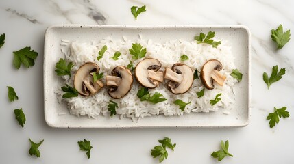 Intricate Culinary Presentation Emphasizing Tender Rice, Juicy Mushrooms, and Flavorful Parsley in a Modern Minimalist Style