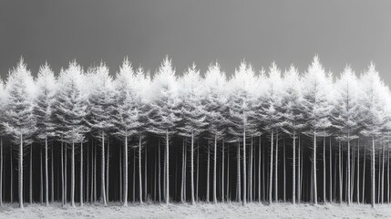 Captivating Depiction of a Stark Landscape with a Linear Arrangement of Pine Trees Reaching Impressive Heights through Sunlight Competition