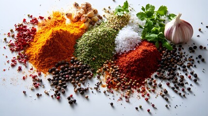 Artistic Presentation of a Scattered Assortment of Colorful Kitchen Spices with a Prominent Touch of Garlic on a Pristine White Surface