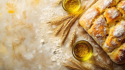 Intricate Top View of Fresh Focaccia Ingredients and Artisan Bread Arranged Elegantly on a Warm Beige Surface with Detailed Texture