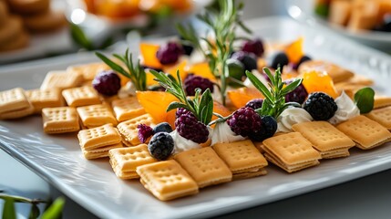 Exquisite and Vibrant Culinary Display of Square Cream Crackers Showcasing Gourmet Dessert Innovation with Healthy Ingredients and Quick Composition