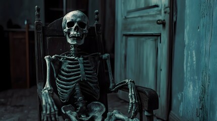 Weathered Skeleton Enduring an Endless Wait on an Ancient Wooden Chair Amidst Dim Echoes of Forgotten History