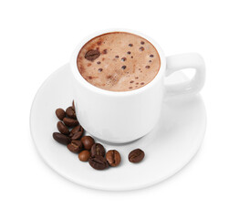 Aromatic coffee in cup, beans and saucer isolated on white