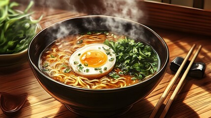 Intricately Crafted Traditional Japanese Ramen Scene with Rich Broth, Poached Egg and Garnished Ambiance