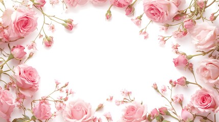 Intricately Detailed Frame of Pink Roses and Blossoms Perfect for Romantic Greeting Cards and Wedding Invitations