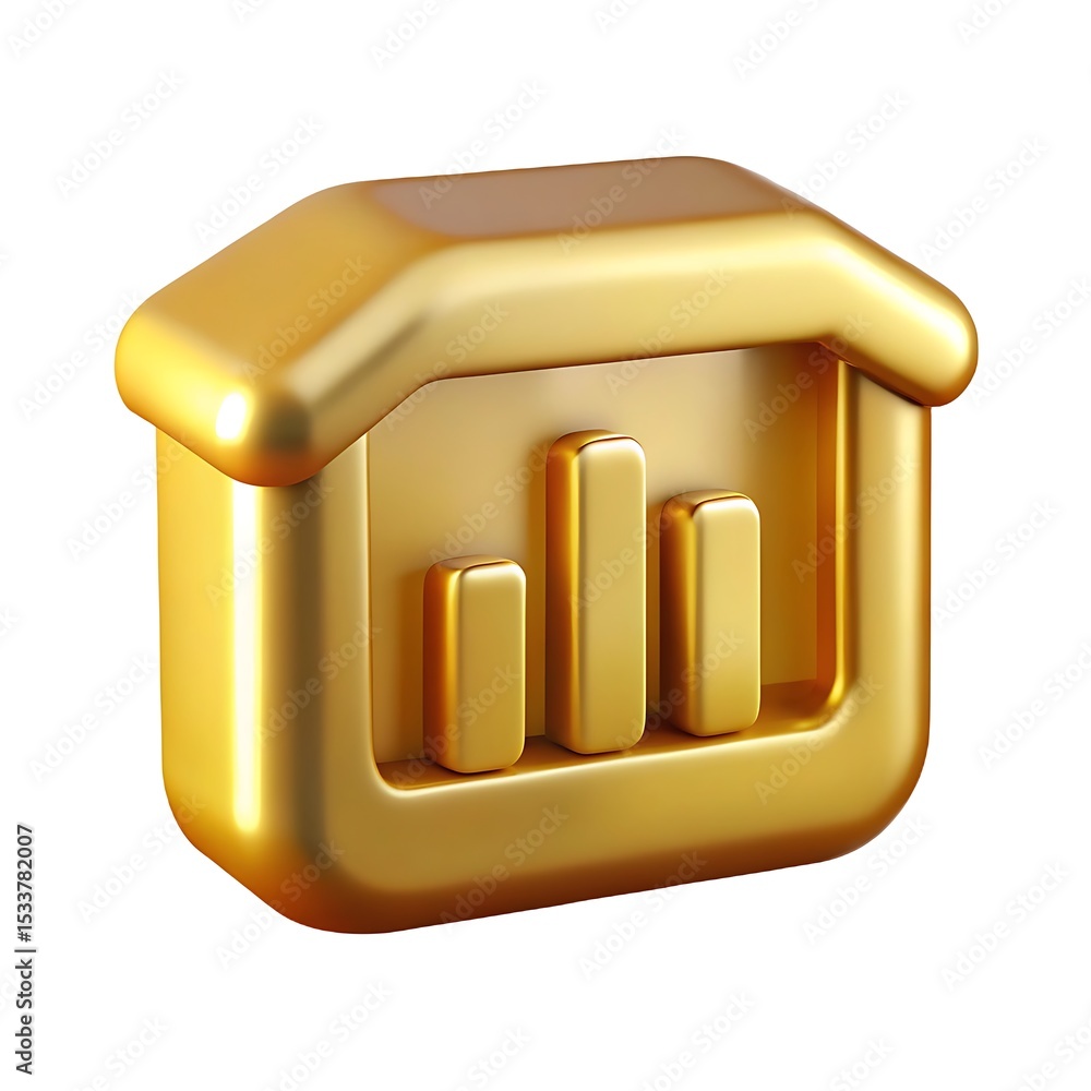 Poster golden 3d house icon with bar chart representing financial growth and data analytics
