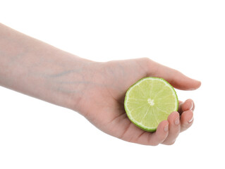 Woman with lime on white background, closeup