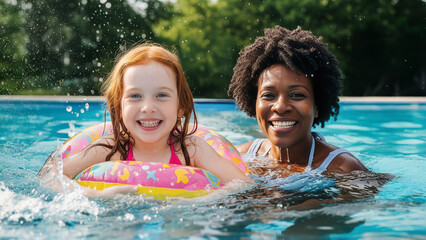 Multiracial woman and child enjoying a sunny day together in an outdoor swimming pool with a colorful inflatable ring.