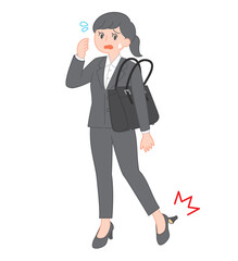 パンプスのかかとが壊れて困る就活生（パンツスタイル）/Job-Hunting Woman with Broken Heel (Pants Style)