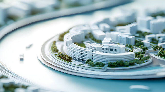 A detailed architectural model showcasing a modern urban complex with curved buildings, greenery, and roads, highlighting city planning and design.