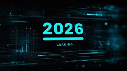 A digital display shows a futuristic loading screen with the year 2026, highlighting the anticipation and excitement surrounding advancements poised to change our world significantly - Powered by Adobe