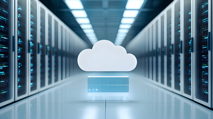 A futuristic data center with server racks on both sides featuring a digital cloud icon symbolizing cloud computing and data storage.