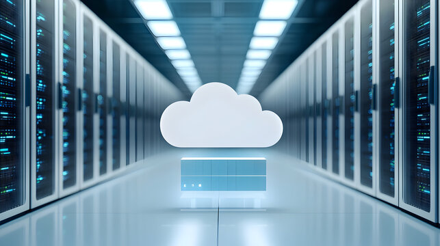 A futuristic data center with server racks on both sides featuring a digital cloud icon symbolizing cloud computing and data storage.