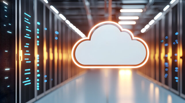 A glowing cloud icon floats in a high-tech, futuristic data center corridor filled with illuminated servers, symbolizing cloud computing and data storage. - Powered by Adobe