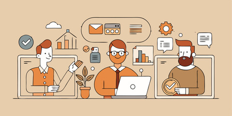 Team collaboration and business meeting illustrations on digital devices for communication