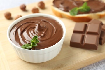 Tasty chocolate hazelnut spread with mint in bowl on table, closeup