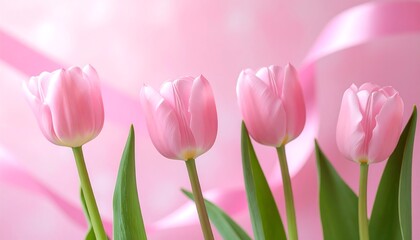 Fototapeta premium Poster Featuring Pink Tulips, Subtle Pink Ribbon, Gentle, Hopeful Tone