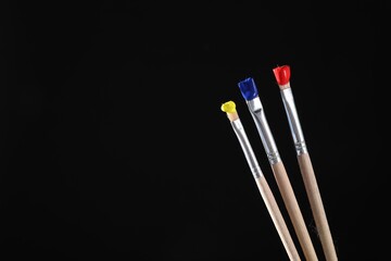 Three brushes with color paints on black background, closeup. Space for text