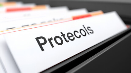 Protocols Concept on File Label in Multicolor Card Index. Closeup View. Selective Focus. 3D Render.