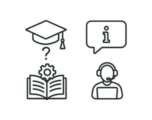 Educational support icons: graduation cap, information, book, assistance vector line icon illustration