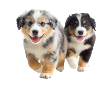 Playful, cute, and happy Australian Shepherd puppies playing together isolated on a transparent background