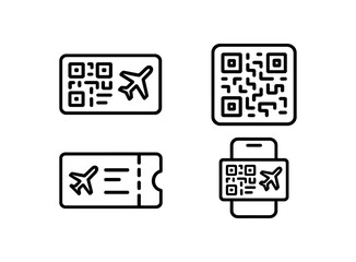 Airplane ticket and qr code icons for travel and boarding pass vector line icon illustration