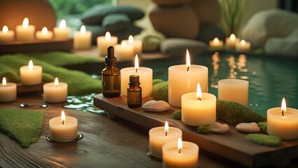 Tranquil Spa Setting Candles, Essential Oils, and Relaxing Ambiance