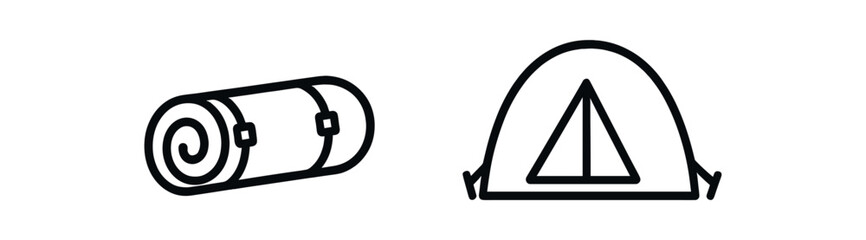 Camping equipment symbols: sleeping bag and tent icons in black and white vector line icon illustration