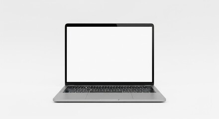 Sleek silver laptop with a blank white screen sits centered on a clean white background studio shot.
