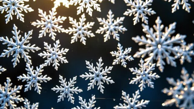 A close-up view of delicate, white snowflakes showcases their intricate, symmetrical patterns against a dark, softly lit background.