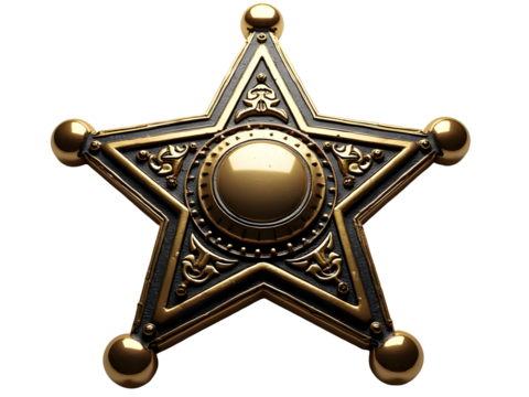 Golden Sheriff Badge: A detailed, close-up of a classic, five-pointed Sheriff's badge. It embodies a sense of authority and law. PNG file