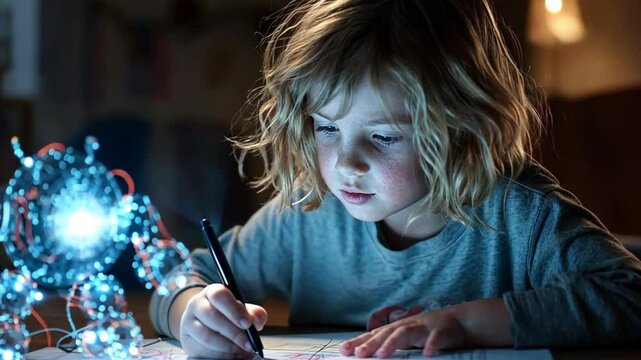 Child with Robot: A child sits focused, sketching in the soft glow of a futuristic robot, representing creativity and curiosity.