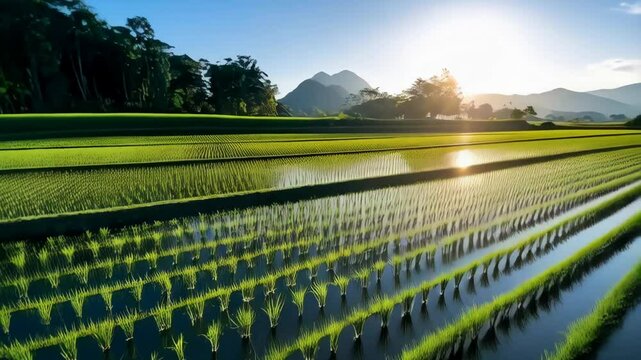Lush rice paddies with water reflecting the sun near mountains under a blue sky creating a scenic agriculture landscape