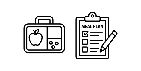 Lunchbox and meal plan icon illustration with apple and checklist vector line icon illustration