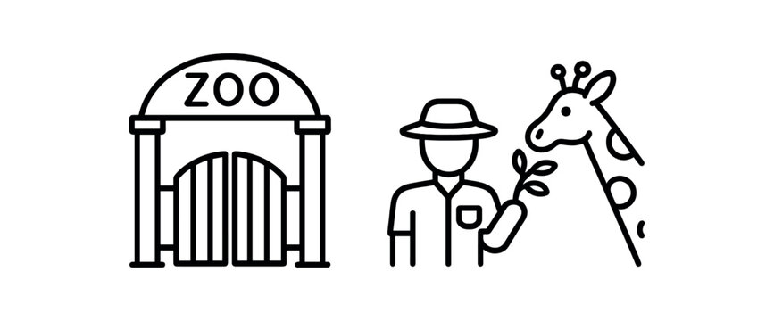 Zoo entrance with giraffe and zoo keeper icon - simplified black line art vector line icon illustration