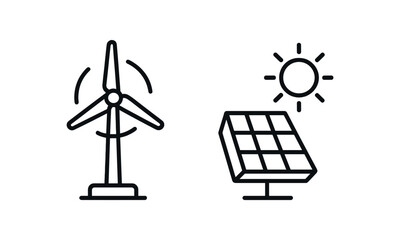 Renewable energy icons: wind turbine, solar panel, sun symbols vector line icon illustration